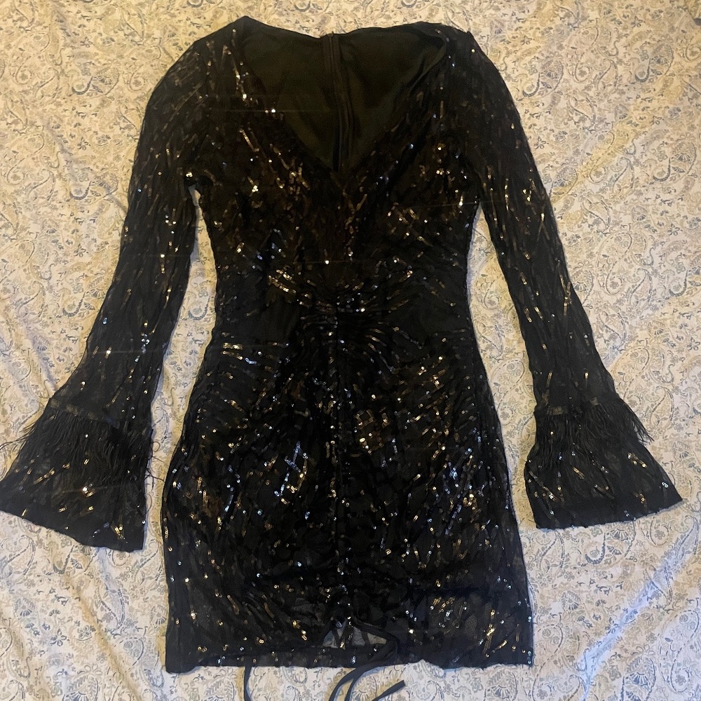 Plus Size Black Sequin Party Dress w/ Feathers